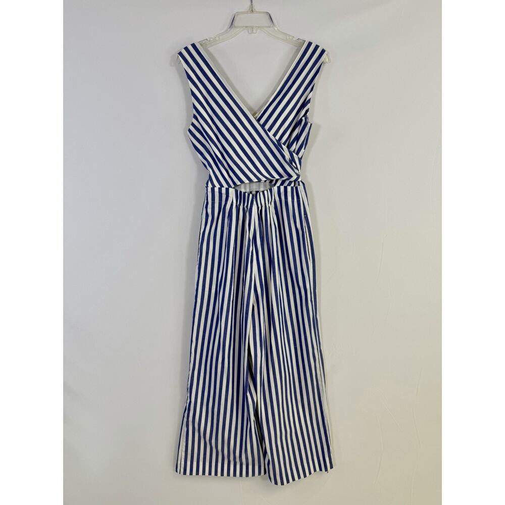 J. Crew Sleeveless Wrap Tie Waist Wide Leg Jumpsuit Blue White Striped Sz 4 EUC - Picture 7 of 16